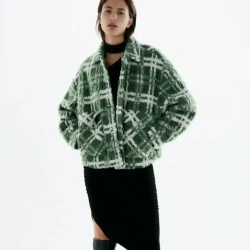 ZARA Women's Combination Plaid Fleece/ Teddy Oversized Jacket Green Size S